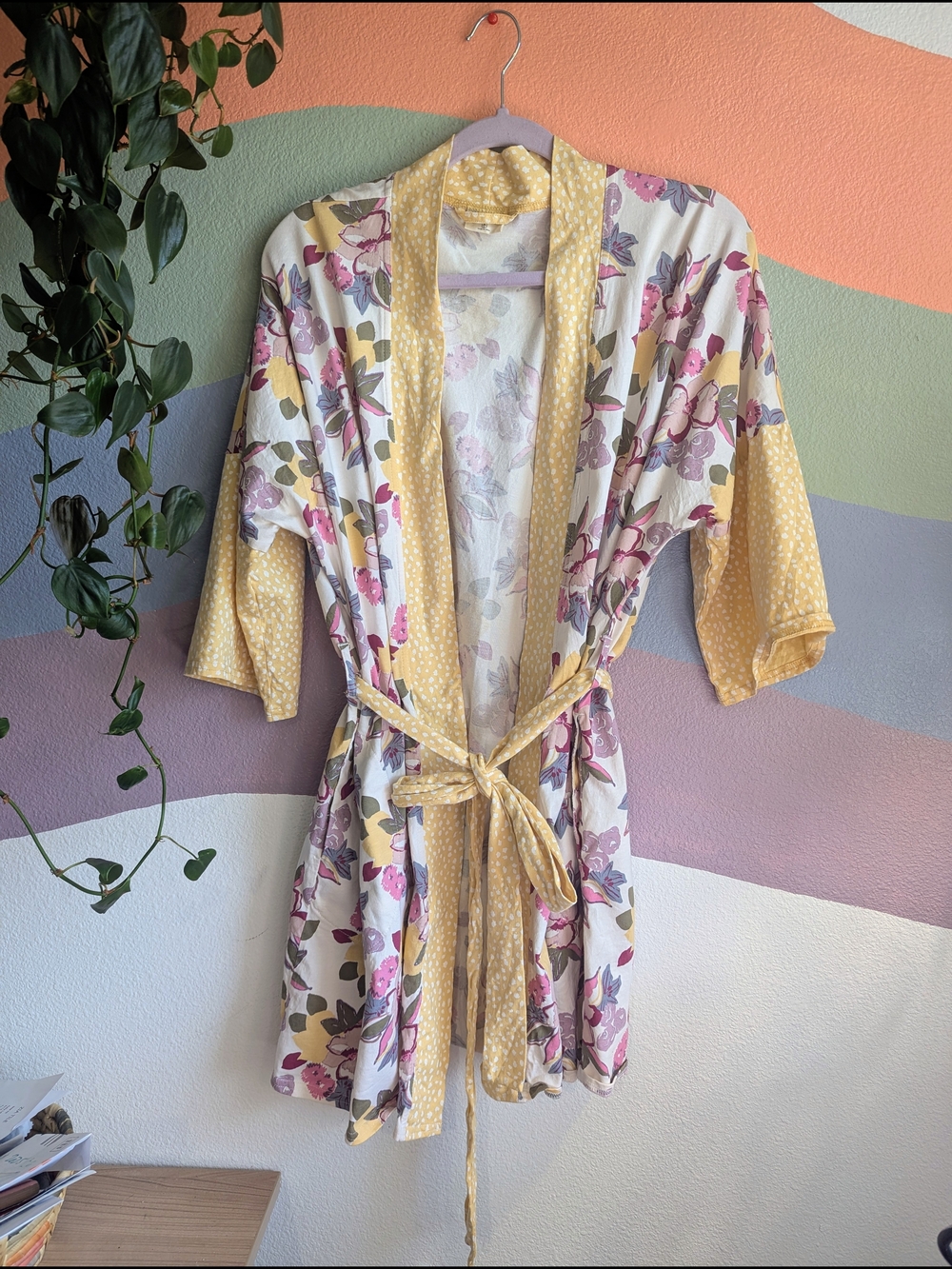 Pact Floral Satin Robe in Cream, Yellow, Pink and Purple